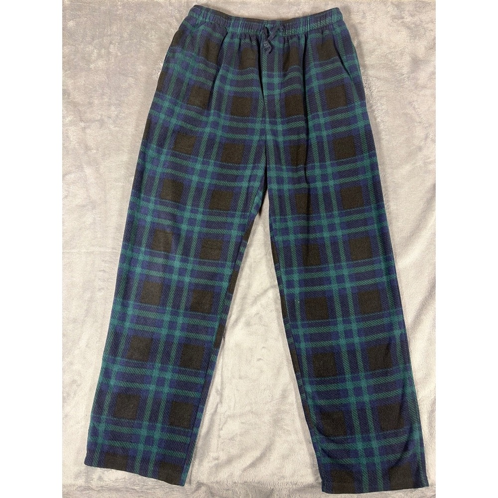 Perry Ellis Portfolio Mens Fleece Pajama Pants Large Blue Green Plaid Sleepwear